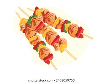 Grilled chicken and vegetable skewers with peppers, tomatoes, potatoes on white background, top view. Meat and vegetable kebabs on skewers.