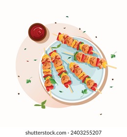 Grilled chicken and vegetable skewers with peppers, tomatoes, potatoes on white background, top view. Meat and vegetable kebabs on skewers.