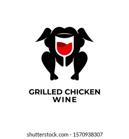 Grilled Chicken Wine Logo Vector Icon Illustration