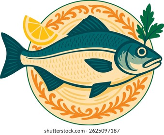 Grilled cod. Grilled fish vector illustration.	