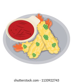 
Grilled corn cops along with red dipping sauce icon for corn cob and chilli dipping dish

