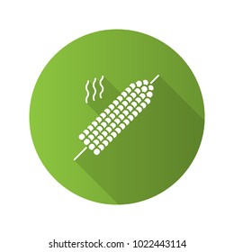 Grilled corn on skewer flat design long shadow glyph icon. Vector silhouette illustration