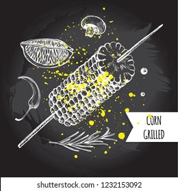 Grilled corn on a skewer. Ink hand drawn Vector illustration. Food element for menu design.