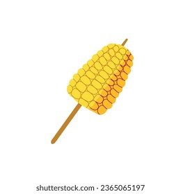 Grilled Corn On Stick. Fried fast food BBQ. Yellow vegetable corncob barbeque. Mexican maize on skewer. Hot organic snack steak. Kebab vegetarian dinner isolated on white