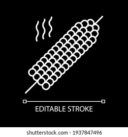 Grilled corn on stick white linear icon for dark theme. Mexican street food. Cooked snack. Thin line customizable illustration. Isolated vector contour symbol for night mode. Editable stroke