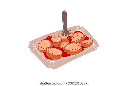 Grilled currywurst german finger food with tomato sauce on plate with fork.Vector illustration in cartoon style isolated on white background