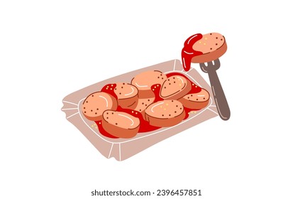 Grilled currywurst german finger food with tomato sauce on plate with fork.Vector illustration in cartoon style isolated on white background