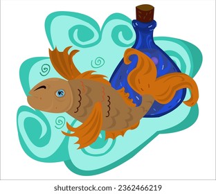 Un bonito pescado a la parrilla y una botella de vino azul en un fondo marino. Esta ilustración puede utilizarse como logotipo para restaurantes, bares, tabernas y tiendas. Vector, aislado.