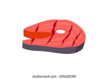 Grilled delicious salmon slice. Barbecue party important equisite dish. Cooked red fish cartoon vector illustration isolated on white background.