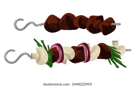 Grillé différents morceaux de viande sur une brochette. Un plat de viande de porc ou de boeuf préparé, juteux et isolé. Plat préparé pour un restaurant, un menu pour un café, une bannière à copier sur un blanc