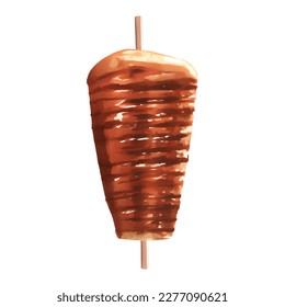 Grilled Doner Kebab for Shawarma on Rotary Pole Detailed Hand Drawn Illustration Painting