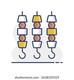 Grilled doner meat kebab on skewers stick vector icon. Kitchen appliance. Graph symbol for cooking web site design, logo, app, UI