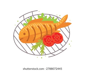 Grilled Dorado fish bbq. Vector seafood barbecue dinner. Flat cartoon style healthy grilled whole fish with tomatos and rosemary, green lettuce leaf on wire rack. Baked trout and tomato slices on grill grate or barbecue party. Delicious dinner menu isolated on white background.
