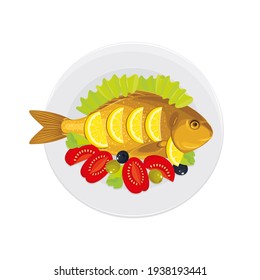 Grilled dorado fish with lemon on a grater with iceberg lettuce, tomatoes and olives. Traditional Spanish dish, seafood, Mediterranean cuisine. Vector food illustration, cartoon, icon, symbol, sticker