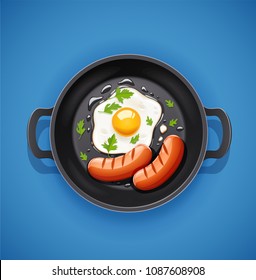 Grilled egg and sausage at frying pan. Picnic grill. Cooking food. Roast barbecue. B-B-Q foodstuff. Fry product. Blue background. Cooked meal. EPS10 vector illustration.