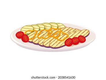 berenjenas a la parrilla y calabacín con pimiento y tomates de cerezo en un plato. Cocina mediterránea y platos tradicionales. Comida vegetariana saludable, comida dietética. Ilustración vectorial, dibujos animados, icono, objeto