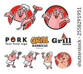 Grilled and fast food pig mascot labels and logos set