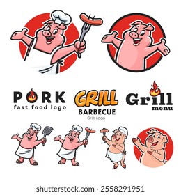 Grilled and fast food pig mascot labels and logos set