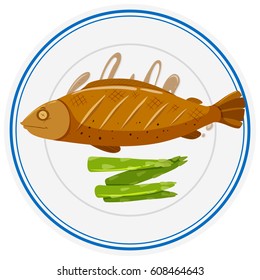 Grilled Fish And Asparagus On Plate Illustration