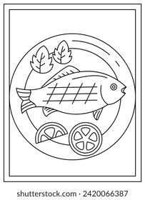 Grilled fish coloring page designed in hand drawn vector