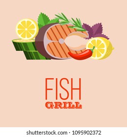 Grilled fish. Delicious grilled salmon surrounded by vegetables. Still life of fish, zucchini, lemon, rosemary, Basil, eggplant. Isolated on white background. Vector illustration in flat style.