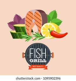 Grilled fish. Delicious grilled salmon surrounded by vegetables. Still life of fish, zucchini, lemon, rosemary, Basil, eggplant. Isolated on white background. Vector illustration in flat style.