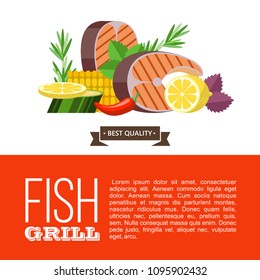 Grilled fish. Delicious grilled salmon surrounded by vegetables. Still life of fish, zucchini, lemon, rosemary, Basil, eggplant. Isolated on white background. Vector illustration in flat style.