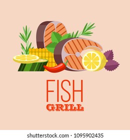 Grilled fish. Delicious grilled salmon surrounded by vegetables. Still life of fish, zucchini, lemon, rosemary, Basil, eggplant. Isolated on white background. Vector illustration in flat style.