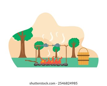 Grilled fish in the forest, exploring the lake for ways to survive. Character design. Vector flat illustration