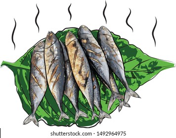 Grilled fish hot on green vegetables.illustration vector