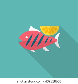 Grilled fish icon, Vector flat long shadow design. EPS10