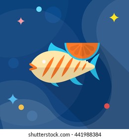 Grilled fish icon, Vector flat long shadow design. EPS10