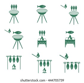 Grilled fish icons set. Vector illustration
