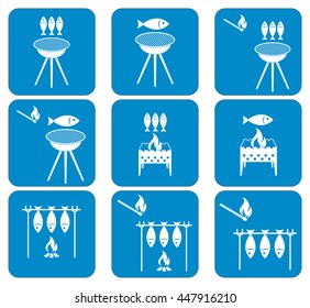 Grilled fish icons set. Vector illustration