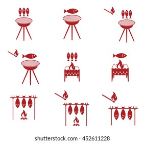 Grilled fish icons set. Vector illustration