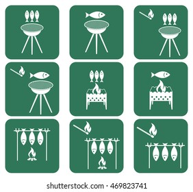 Grilled fish icons set. Vector illustration

