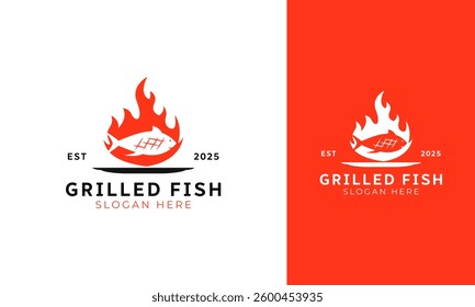 Grilled fish logo design. Restaurant symbol with fish and fire concept. Seafood vector illustration