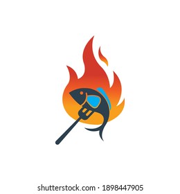 grilled fish logo symbol restaurant illustration fire design vector template