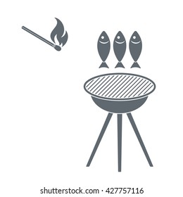 Grilled fish and match icon. Vector illustration
