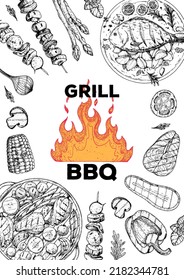 Grilled fish meat and vegetables frame. Fish on grill. Barbecue dishes hand-drawn. Bbq grill food sketch. Vector illustration. Engraved design.