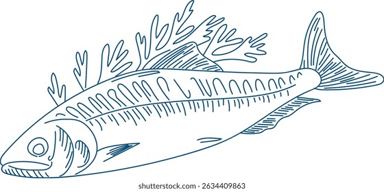 Grilled fish in Mediterranean blue. A collection of stylized, hand-drawn illustrations featuring various fish dishes arranged on plates. The layout features a white background and blue line art.