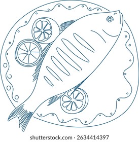 Grilled fish in Mediterranean blue. A collection of stylized, hand-drawn illustrations featuring various fish dishes arranged on plates. The layout features a white background and blue line art.