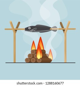 Grilled fish on bonfire vector flat design.