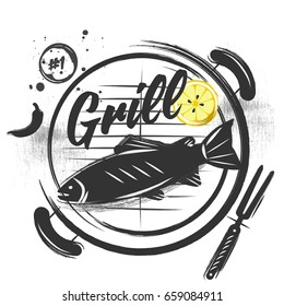 Grilled Fish on the grid. A barbecue chalk poster with a lettering on a white vintage background. Top view