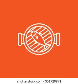 Grilled fish on the grill line icon for web, mobile and infographics. Vector white icon isolated on red background.