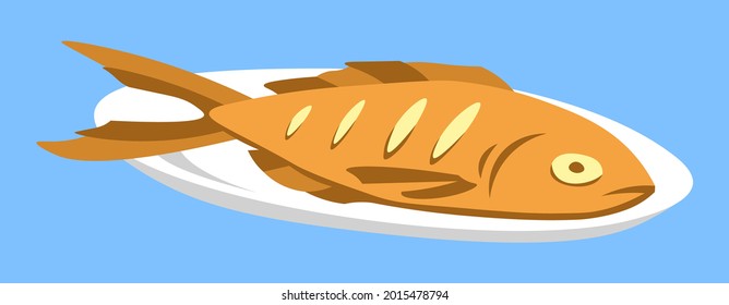 Pescado a la parrilla en una placa de ilustración plana aislada