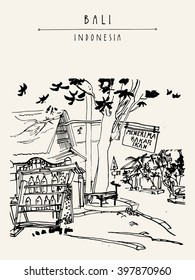 Grilled fish restaurant and a petrol station in Kedonganan, Jimbaran beach, Bali, Indonesia, Asia. Petrol sold in bottles. Hand drawing. Travel sketch. Book illustration, postcard or poster in vector