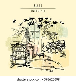 Grilled fish restaurant and a petrol station in Kedonganan, Jimbaran beach, Bali, Indonesia, Asia. Petrol sold in bottles. Hand drawing. Travel sketch. Book illustration, postcard or poster in vector