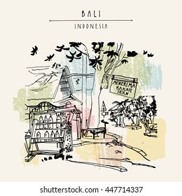 Grilled fish restaurant and a petrol station in Kedonganan, Jimbaran beach, Bali, Indonesia, Asia. Petrol sold in bottles. Hand drawing. Travel sketch. Book illustration, postcard or poster in vector