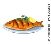 Grilled fish with rosemary and lemon on a plate. Whole roast dorado vector illustration.